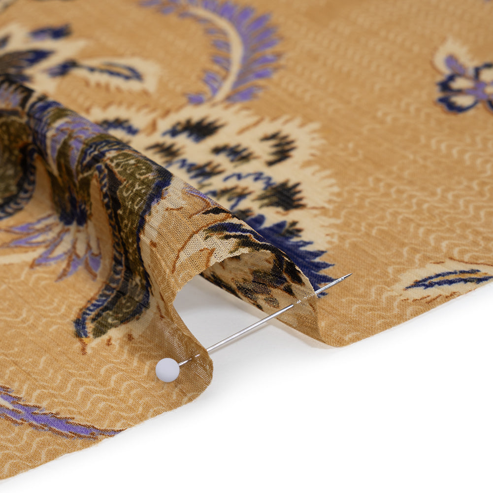 Crinkled Polyester Chiffon Print - Gilded Beige, Lavender and Dark Blue Jacobean Floral - Designer Deadstock