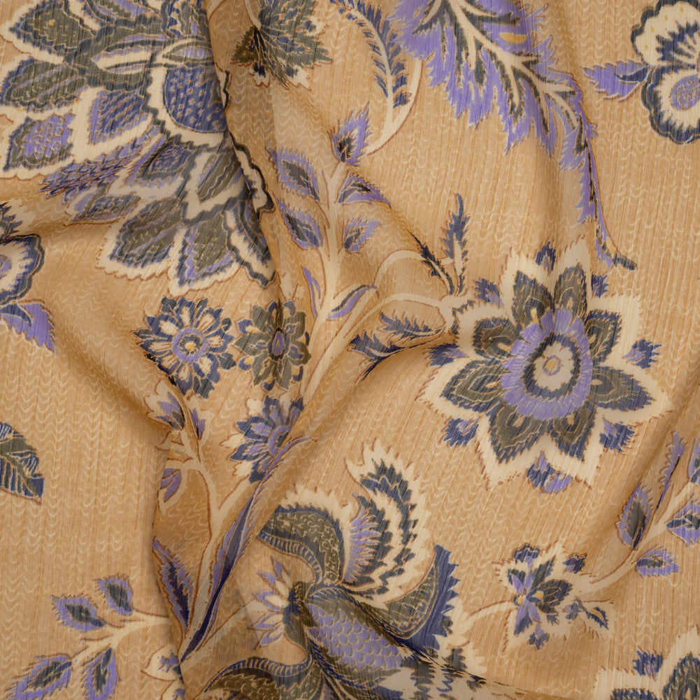 Crinkled Polyester Chiffon Print - Gilded Beige, Lavender and Dark Blue Jacobean Floral - Designer Deadstock