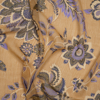 Crinkled Polyester Chiffon Print - Gilded Beige, Lavender and Dark Blue Jacobean Floral - Designer Deadstock