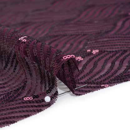 Stretch Polyester Mesh with Sequins - Plum Purple Wavey Weave - Designer Deadstock