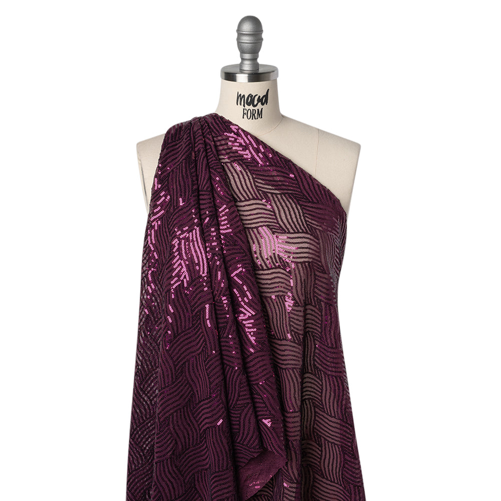 Stretch Polyester Mesh with Sequins - Plum Purple Wavey Weave - Designer Deadstock