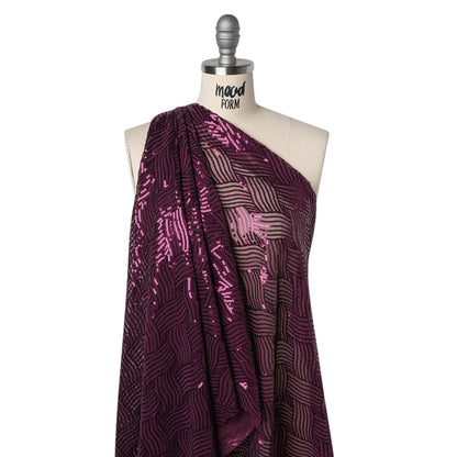 Stretch Polyester Mesh with Sequins - Plum Purple Wavey Weave - Designer Deadstock