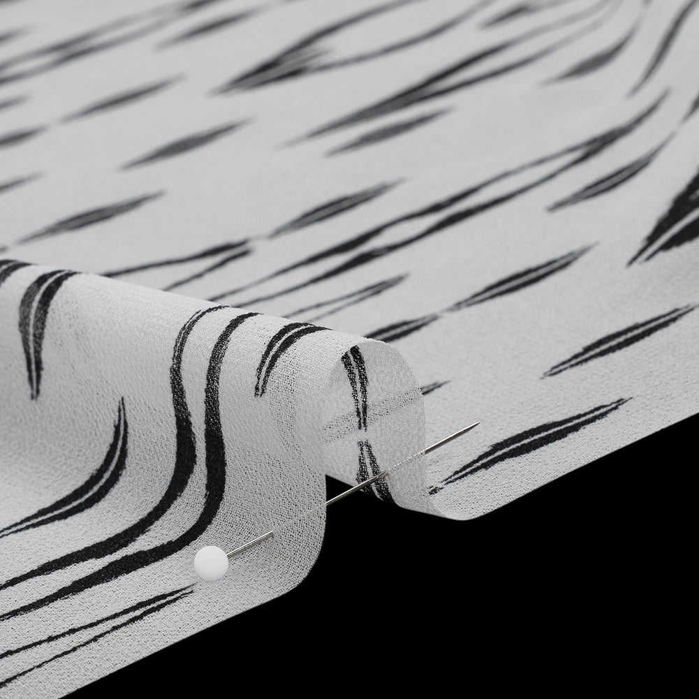 Polyester Chiffon Print - Black and White Ikat Skinny Diamonds - Designer Deadstock