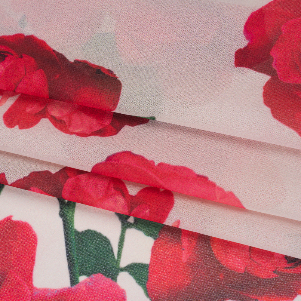 Polyester Chiffon Print - Cream Pink and Red Roses - Designer Deadstock Folded