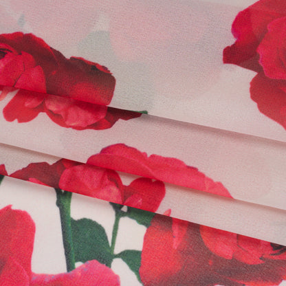 Polyester Chiffon Print - Cream Pink and Red Roses - Designer Deadstock Folded