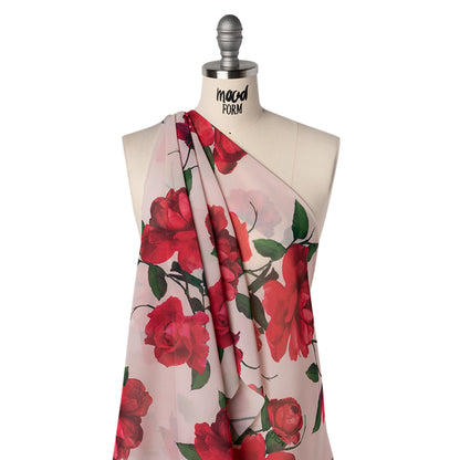 Polyester Chiffon Print - Cream Pink and Red Roses - Designer Deadstock Drape