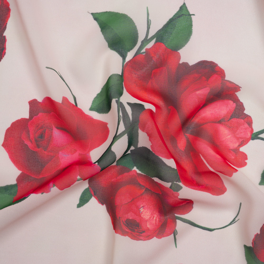Polyester Chiffon Print - Cream Pink and Red Roses - Designer Deadstock