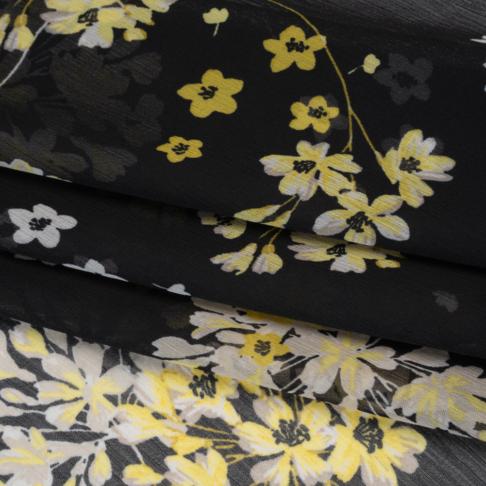 Crinkled Polyester Chiffon Print - Black, Yellow and White Flower Bunches - Designer Deadstock Folded