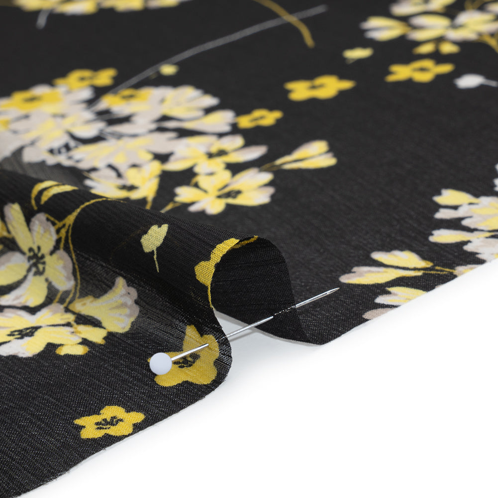 Crinkled Polyester Chiffon Print - Black, Yellow and White Flower Bunches - Designer Deadstock Detail