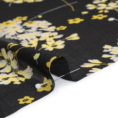 Crinkled Polyester Chiffon Print - Black, Yellow and White Flower Bunches - Designer Deadstock Detail