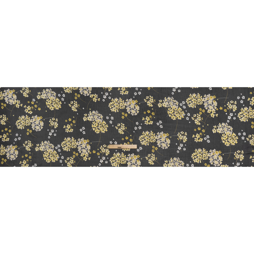 Crinkled Polyester Chiffon Print - Black, Yellow and White Flower Bunches - Designer Deadstock - Full
