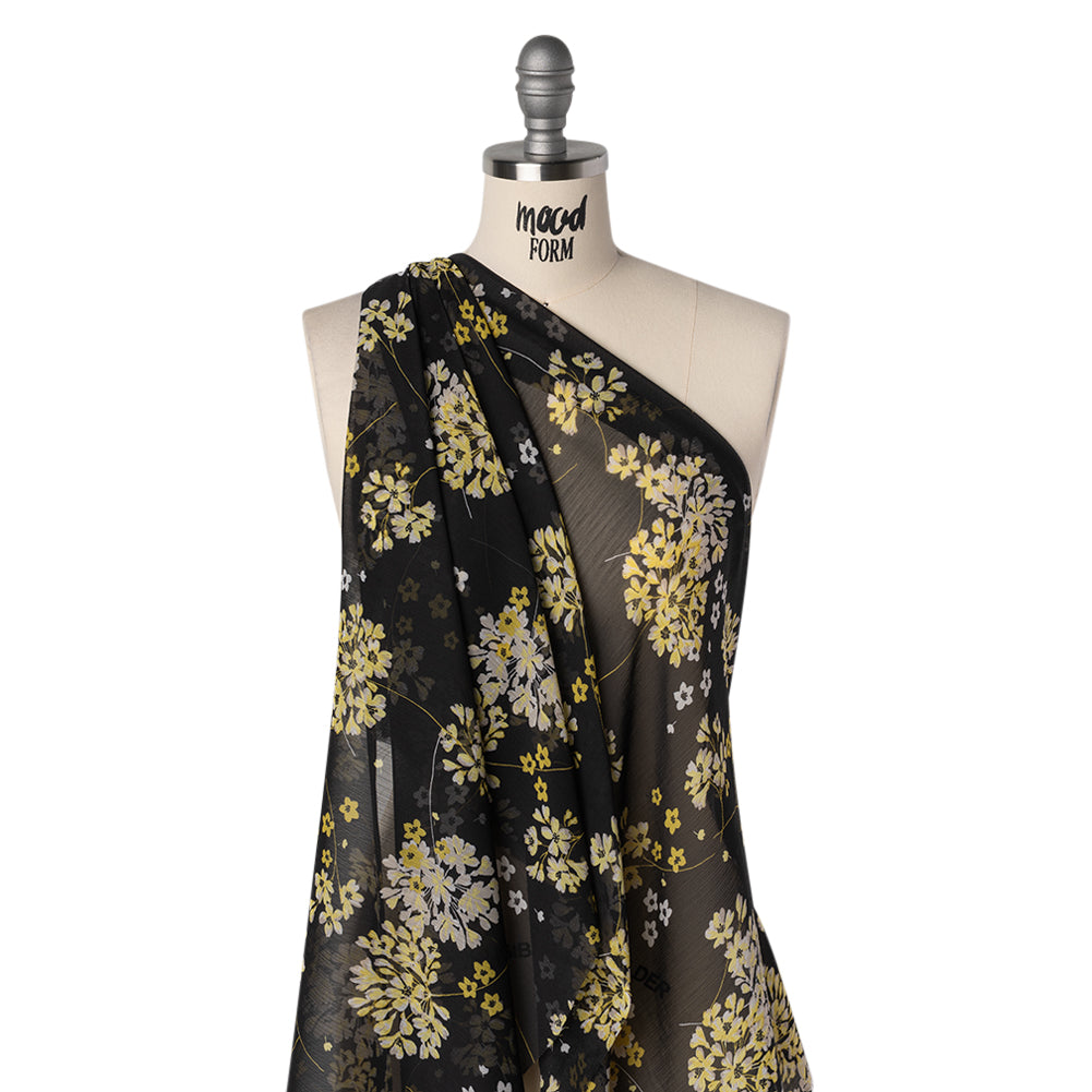 Crinkled Polyester Chiffon Print - Black, Yellow and White Flower Bunches - Designer Deadstock Drape