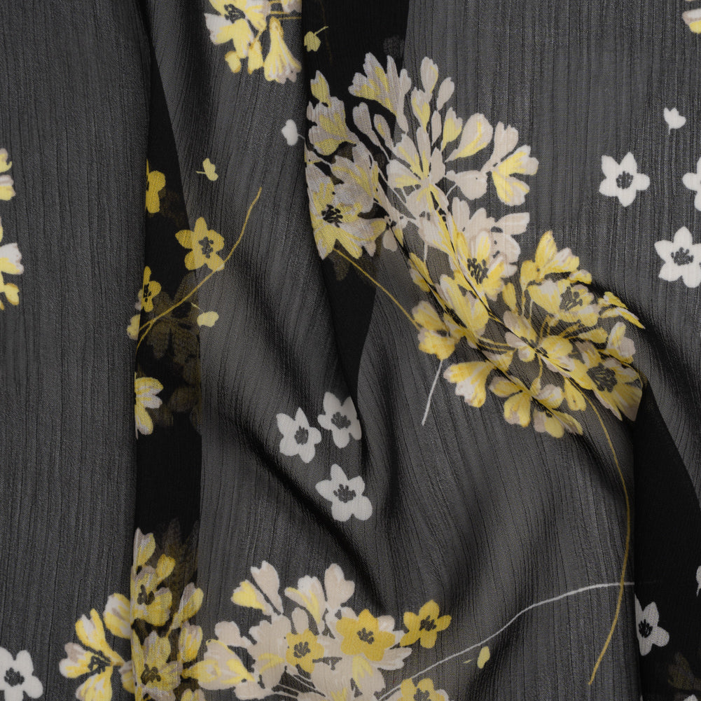 Crinkled Polyester Chiffon Print - Black, Yellow and White Flower Bunches - Designer Deadstock