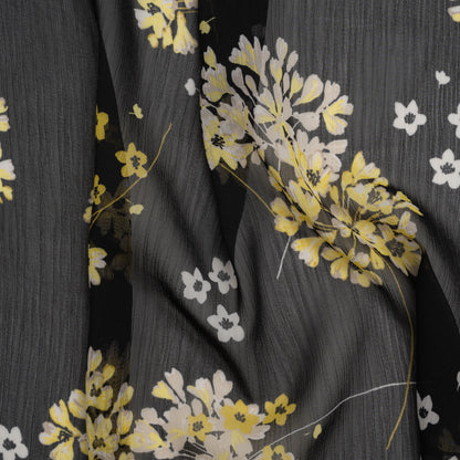 Crinkled Polyester Chiffon Print - Black, Yellow and White Flower Bunches - Designer Deadstock