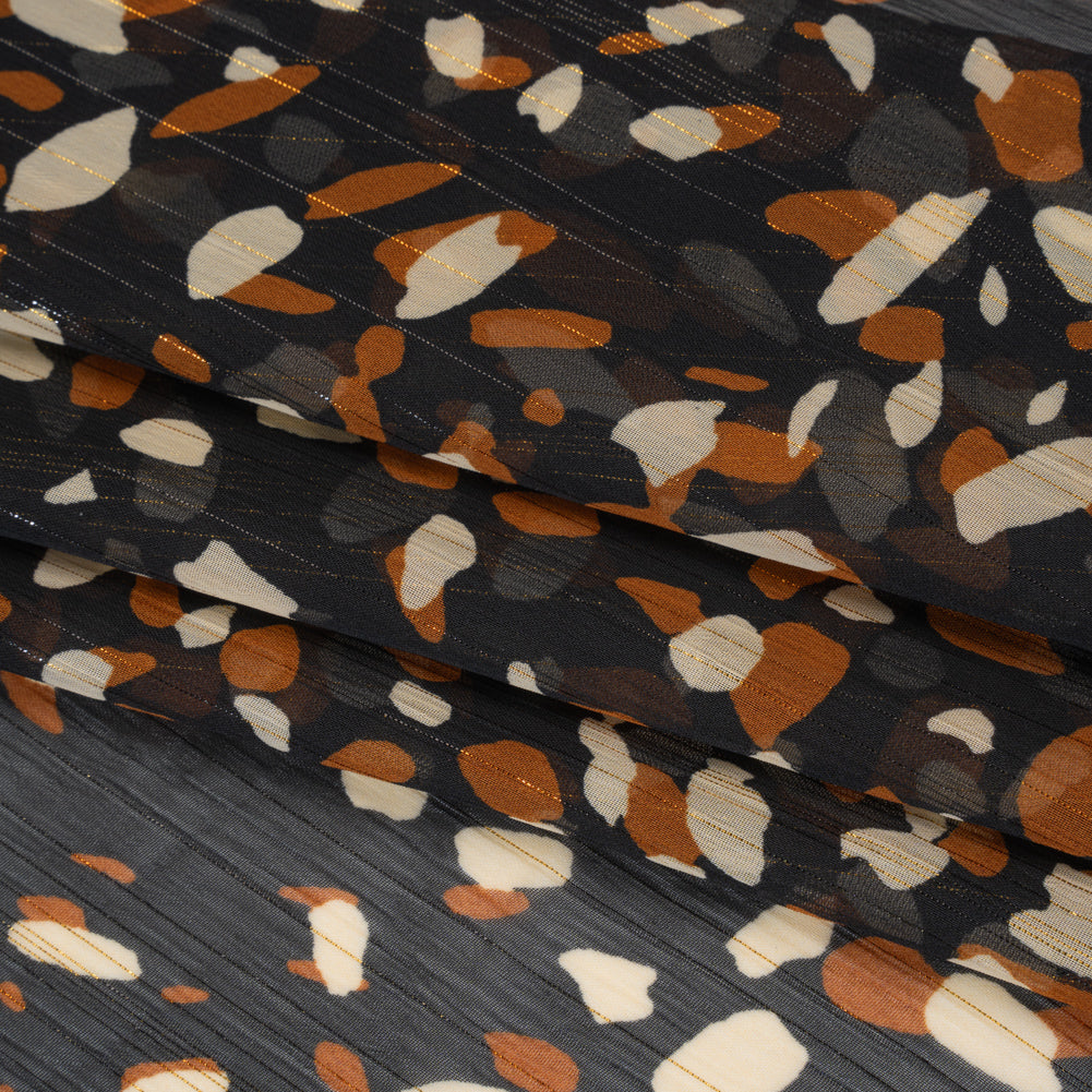 Crinkled Polyester Chiffon with Metallic Gold Pinstripes - Black, Brown and Cream Abstract Spots - Designer Deadstock Folded