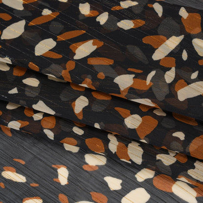 Crinkled Polyester Chiffon with Metallic Gold Pinstripes - Black, Brown and Cream Abstract Spots - Designer Deadstock Folded