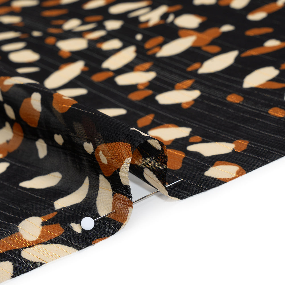 Crinkled Polyester Chiffon with Metallic Gold Pinstripes - Black, Brown and Cream Abstract Spots - Designer Deadstock Detail