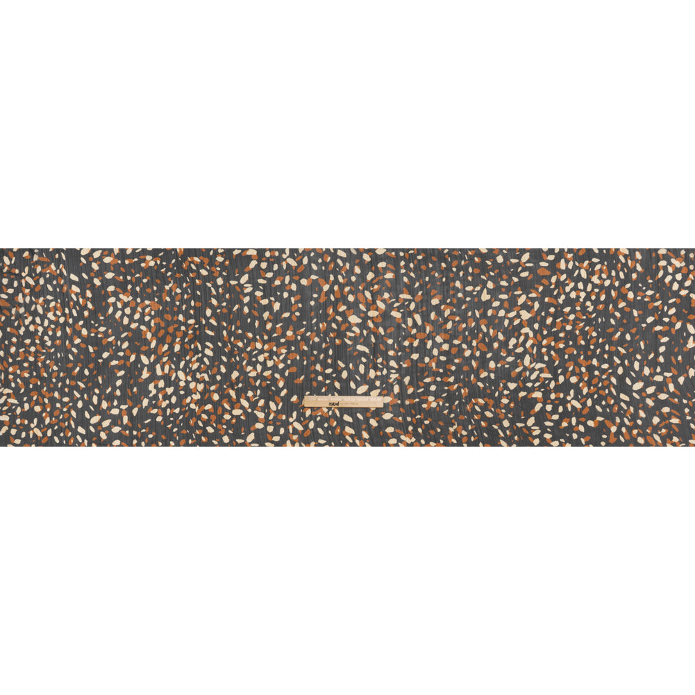 Crinkled Polyester Chiffon with Metallic Gold Pinstripes - Black, Brown and Cream Abstract Spots - Designer Deadstock - Full