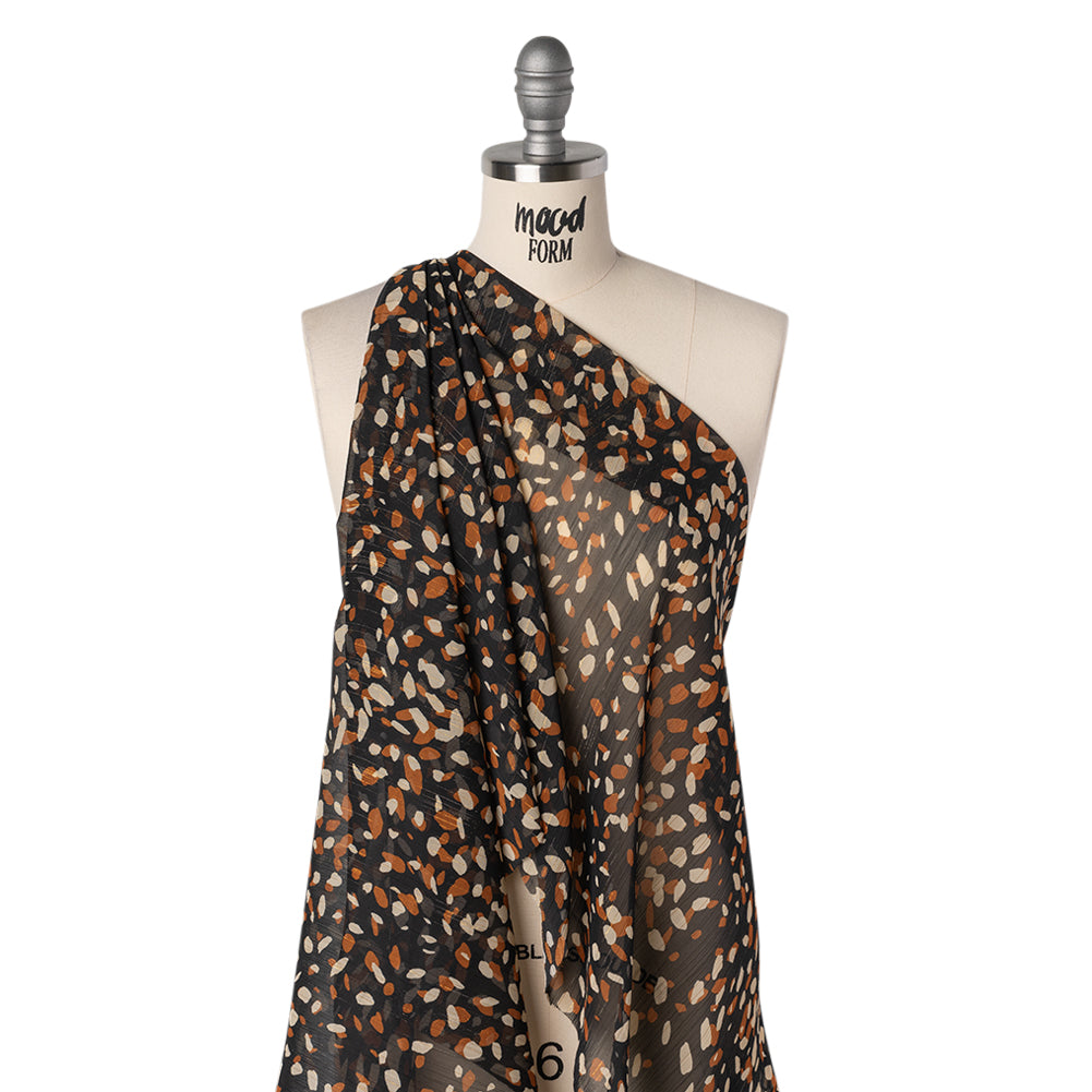 Crinkled Polyester Chiffon with Metallic Gold Pinstripes - Black, Brown and Cream Abstract Spots - Designer Deadstock Drape