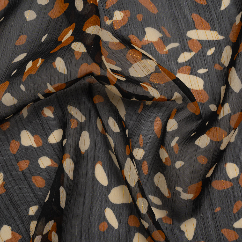 Crinkled Polyester Chiffon with Metallic Gold Pinstripes - Black, Brown and Cream Abstract Spots - Designer Deadstock