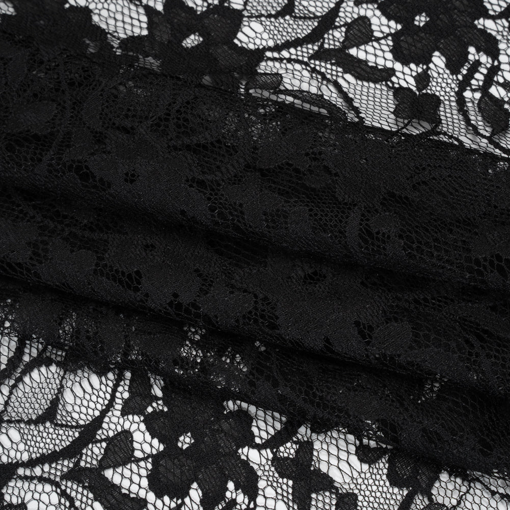Polyester Raschel Lace - Black Flowers and Ribbons - Designer Deadstock