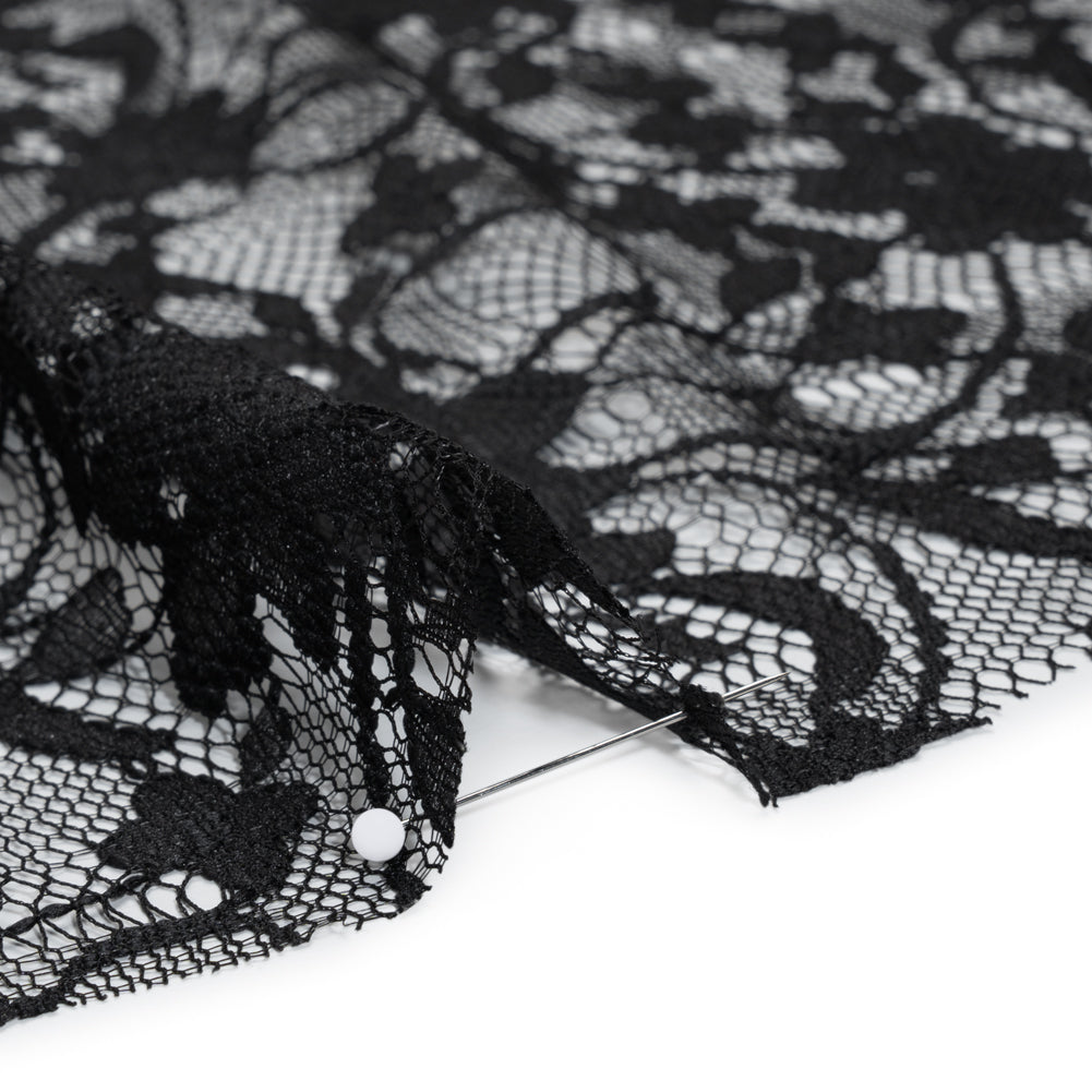 Polyester Raschel Lace - Black Flowers and Ribbons - Designer Deadstock