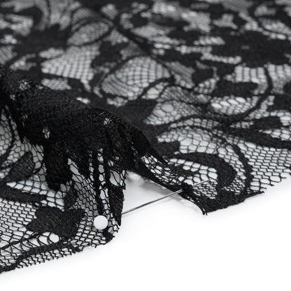 Polyester Raschel Lace - Black Flowers and Ribbons - Designer Deadstock