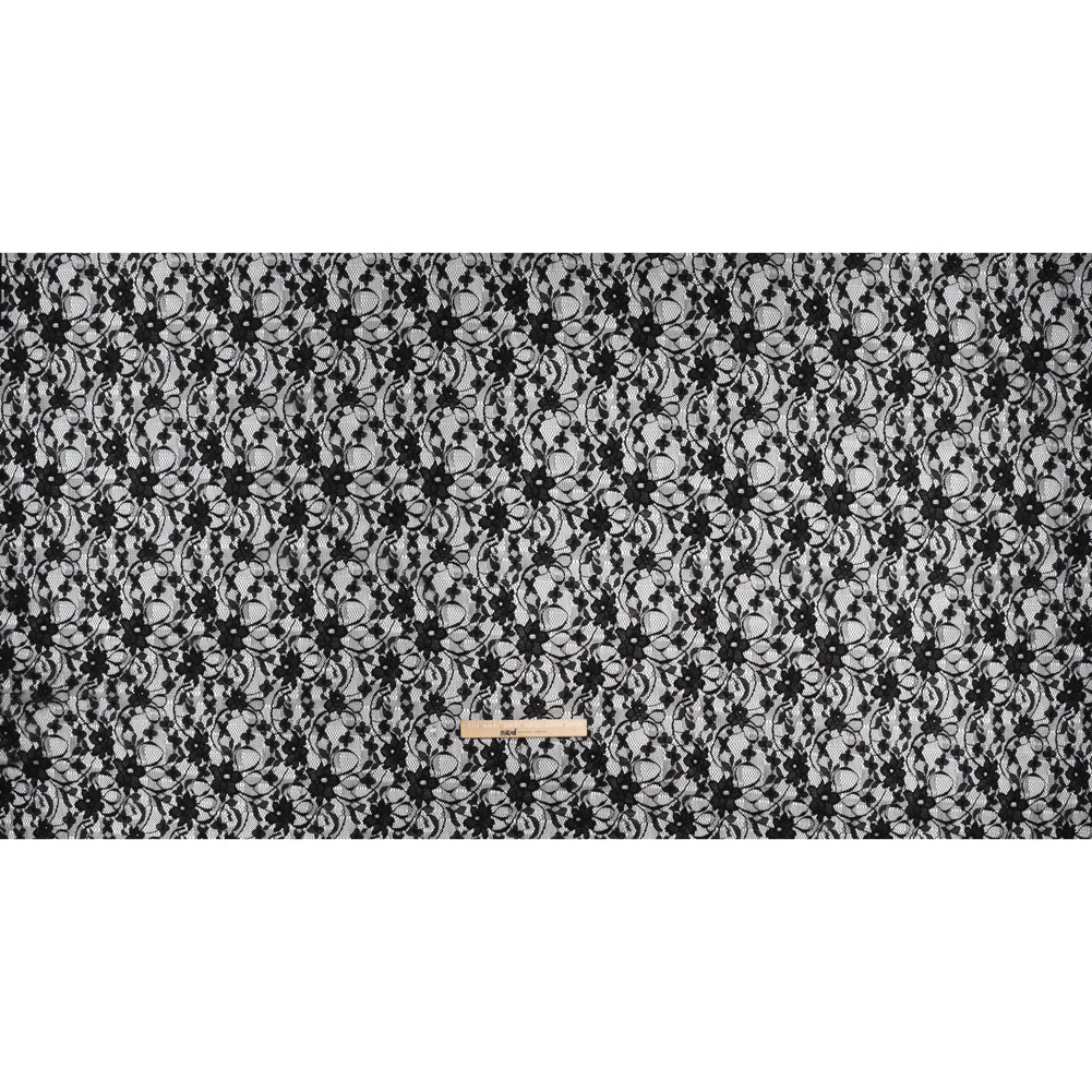Polyester Raschel Lace - Black Flowers and Ribbons - Designer Deadstock