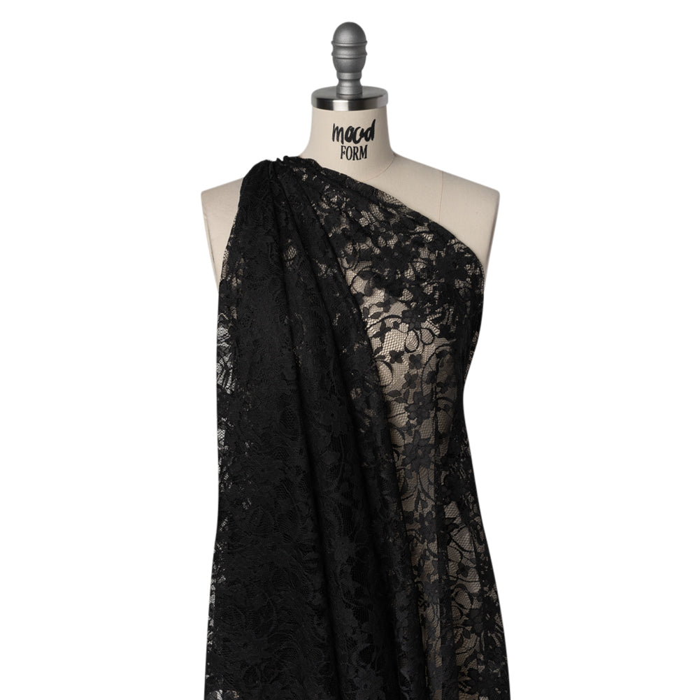 Polyester Raschel Lace - Black Flowers and Ribbons - Designer Deadstock