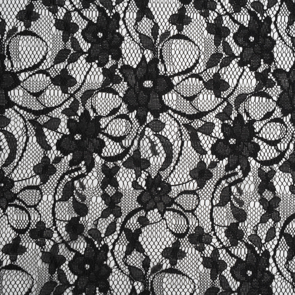 Polyester Raschel Lace - Black Flowers and Ribbons - Designer Deadstock