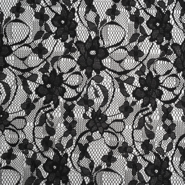 Polyester Raschel Lace - Black Flowers and Ribbons - Designer Deadstock