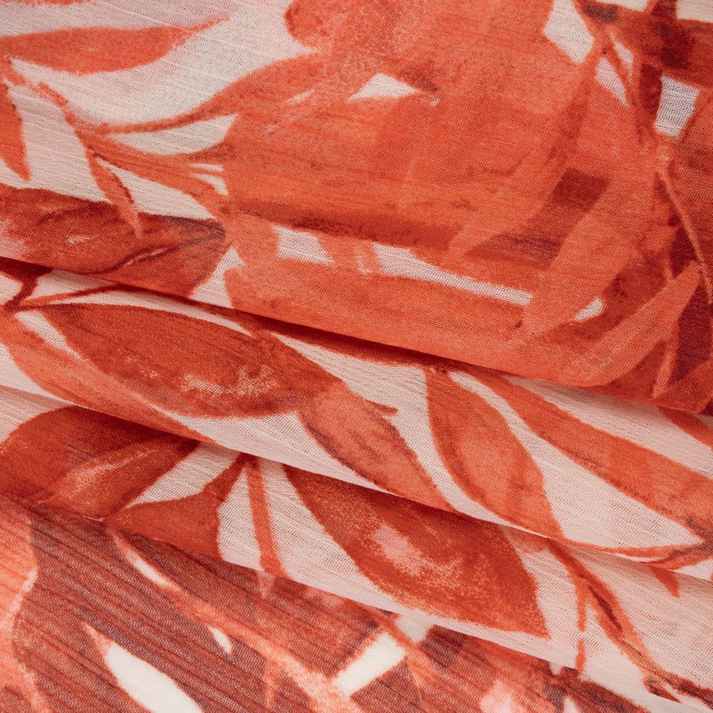 Crinkled Polyester Chiffon Print - Coral Red and White Tropical Leaves - Designer Deadstock Folded