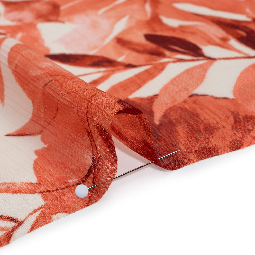 Crinkled Polyester Chiffon Print - Coral Red and White Tropical Leaves - Designer Deadstock Detail