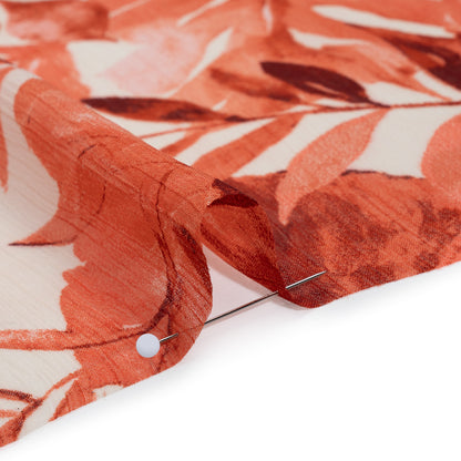 Crinkled Polyester Chiffon Print - Coral Red and White Tropical Leaves - Designer Deadstock Detail