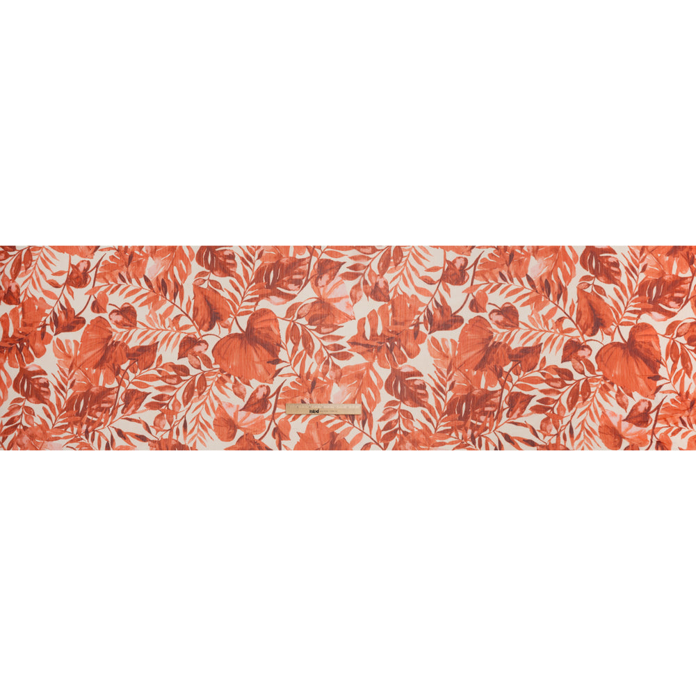 Crinkled Polyester Chiffon Print - Coral Red and White Tropical Leaves - Designer Deadstock - Full