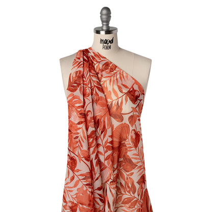 Crinkled Polyester Chiffon Print - Coral Red and White Tropical Leaves - Designer Deadstock Drape