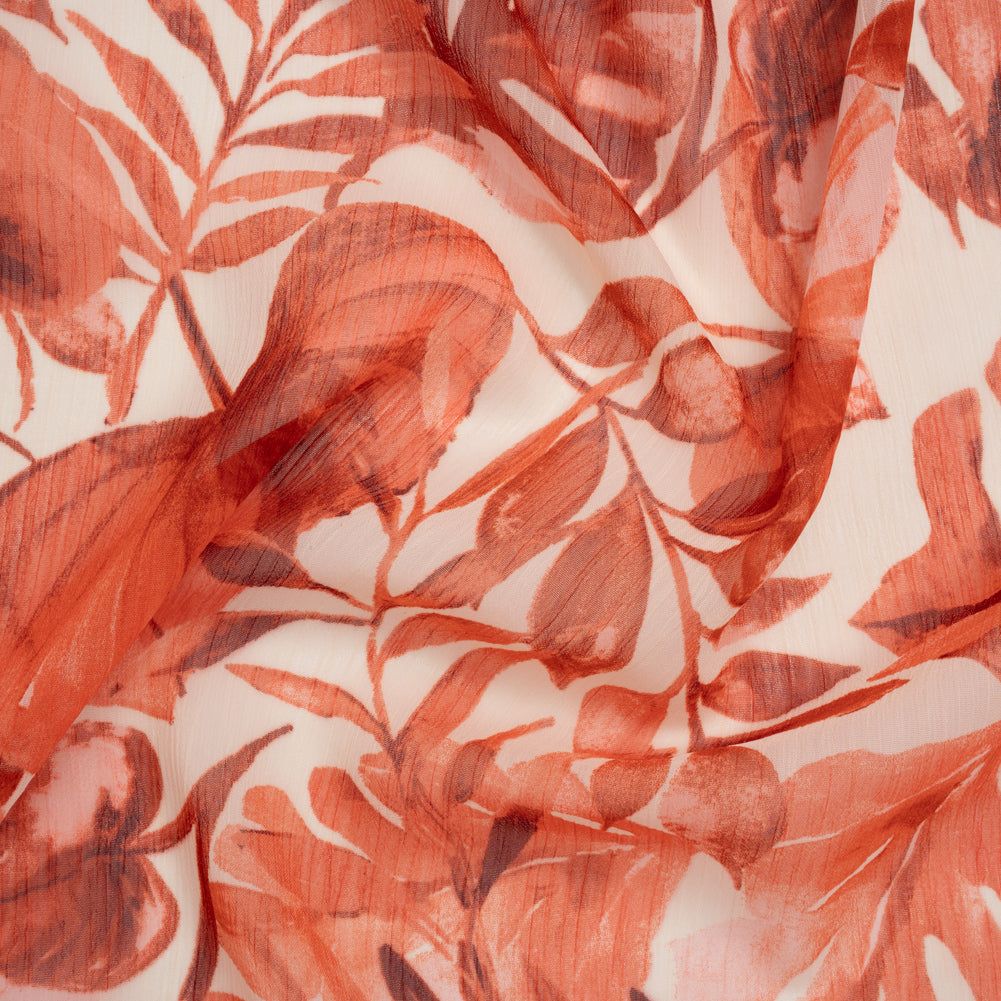 Crinkled Polyester Chiffon Print - Coral Red and White Tropical Leaves - Designer Deadstock