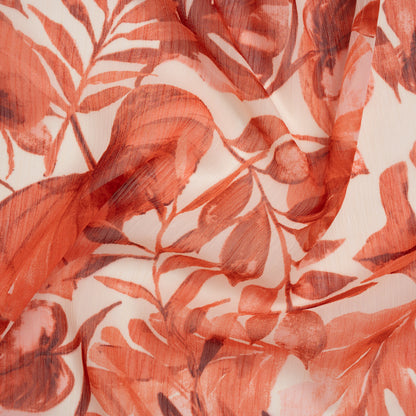 Crinkled Polyester Chiffon Print - Coral Red and White Tropical Leaves - Designer Deadstock