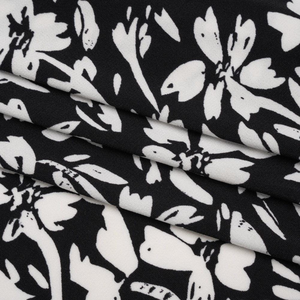 Stretch Polyester Jersey - Black and White Easy Florals - Designer Deadstock