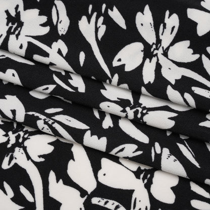 Stretch Polyester Jersey - Black and White Easy Florals - Designer Deadstock