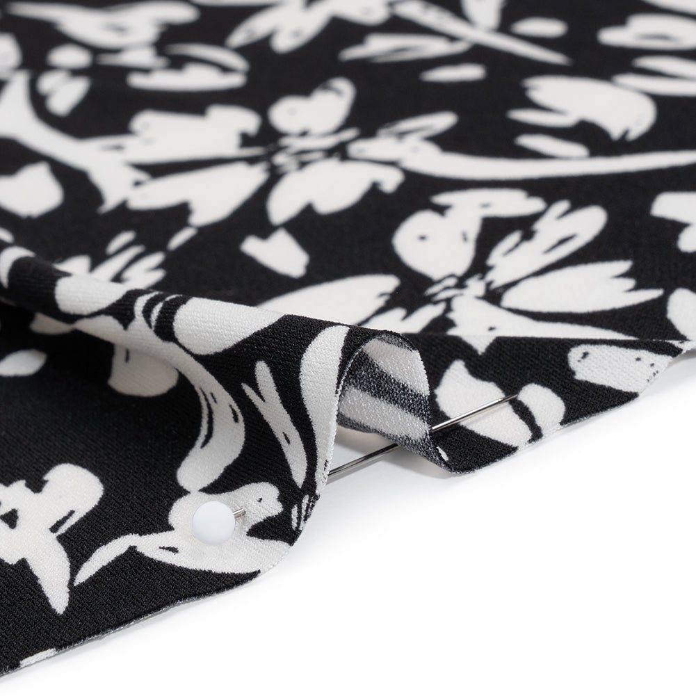 Stretch Polyester Jersey - Black and White Easy Florals - Designer Deadstock