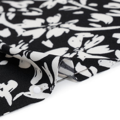Stretch Polyester Jersey - Black and White Easy Florals - Designer Deadstock