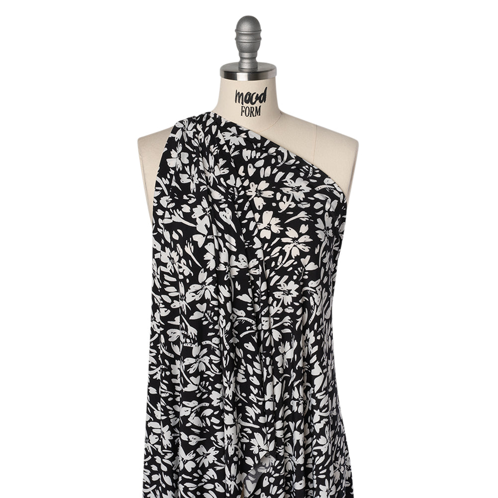 Stretch Polyester Jersey - Black and White Easy Florals - Designer Deadstock