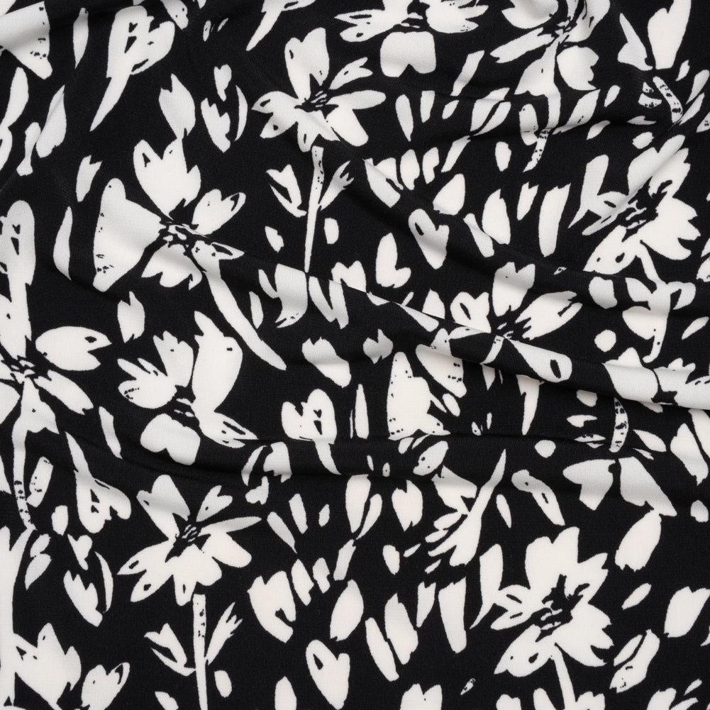 Stretch Polyester Jersey - Black and White Easy Florals - Designer Deadstock