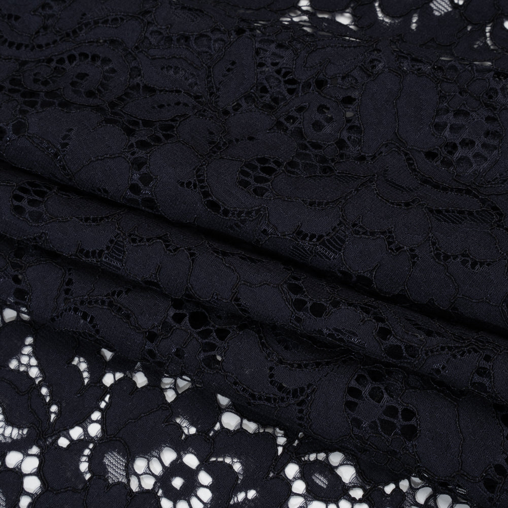 Corded Cotton and Nylon Lace - Navy Blue Floral - Designer Deadstock