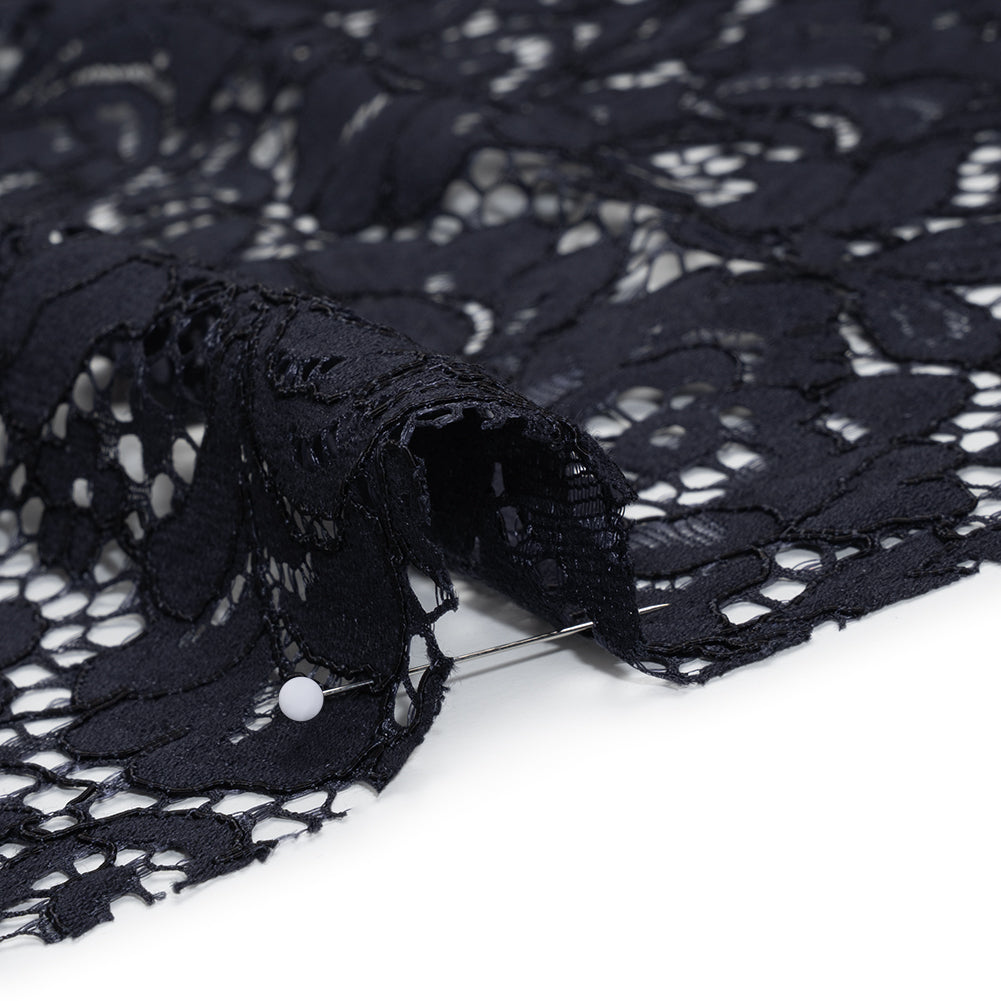 Corded Cotton and Nylon Lace - Navy Blue Floral - Designer Deadstock