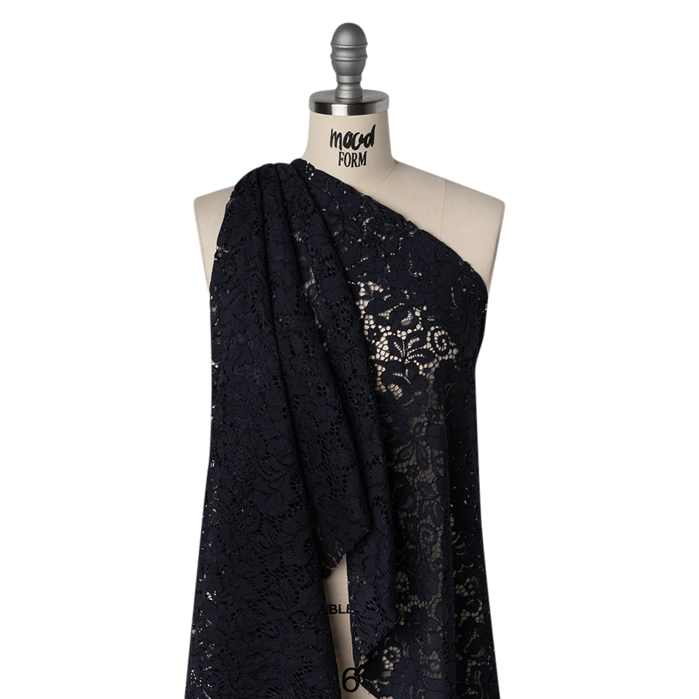 Corded Cotton and Nylon Lace - Navy Blue Floral - Designer Deadstock