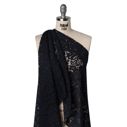 Corded Cotton and Nylon Lace - Navy Blue Floral - Designer Deadstock