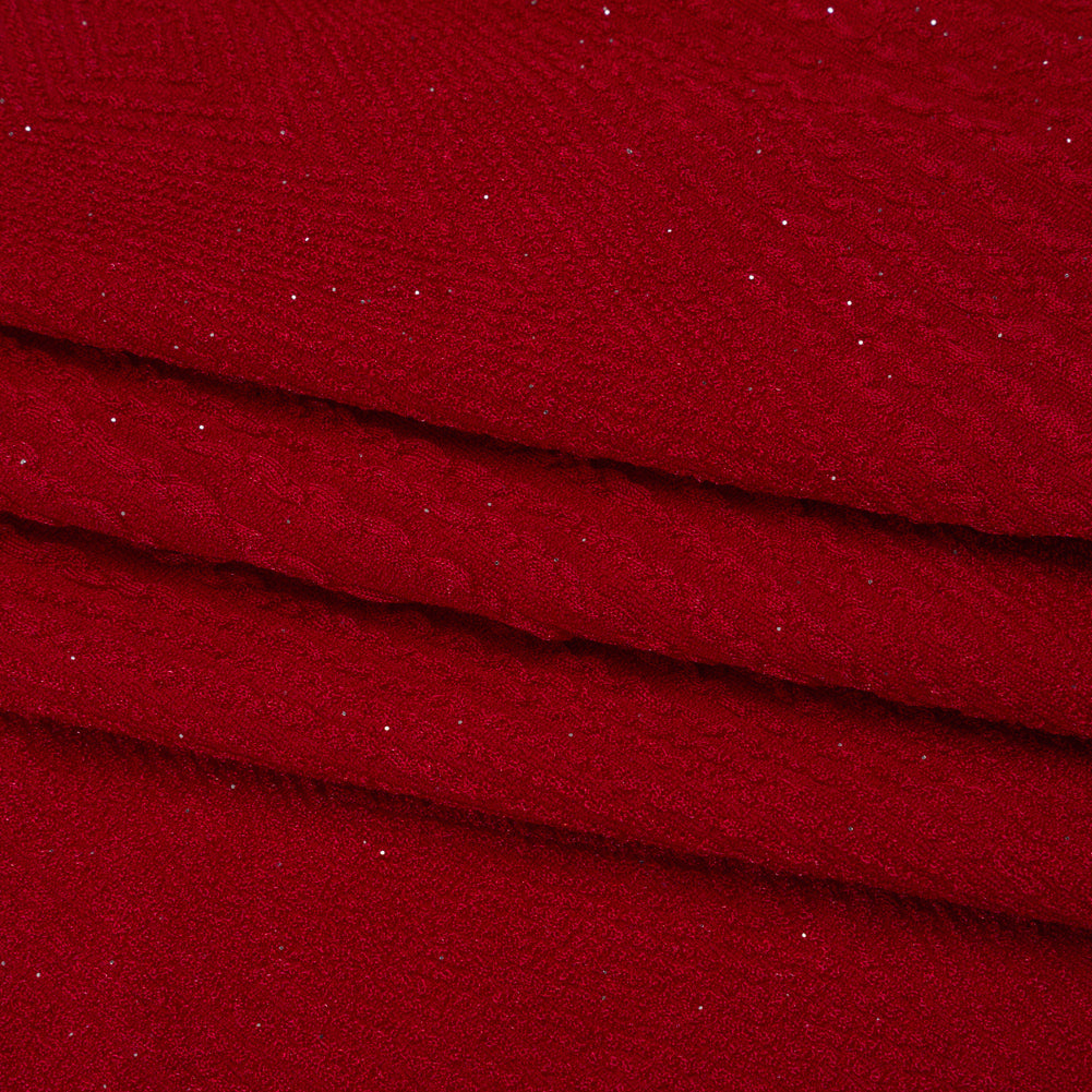Textured Jacquard Double Knit with Glitter - Silver and Red Diamonds and Rays - Designer Deadstock