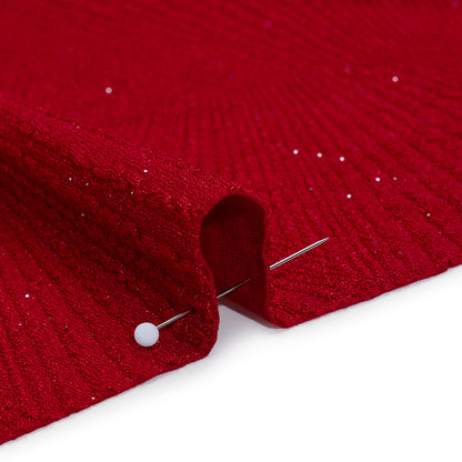 Textured Jacquard Double Knit with Glitter - Silver and Red Diamonds and Rays - Designer Deadstock